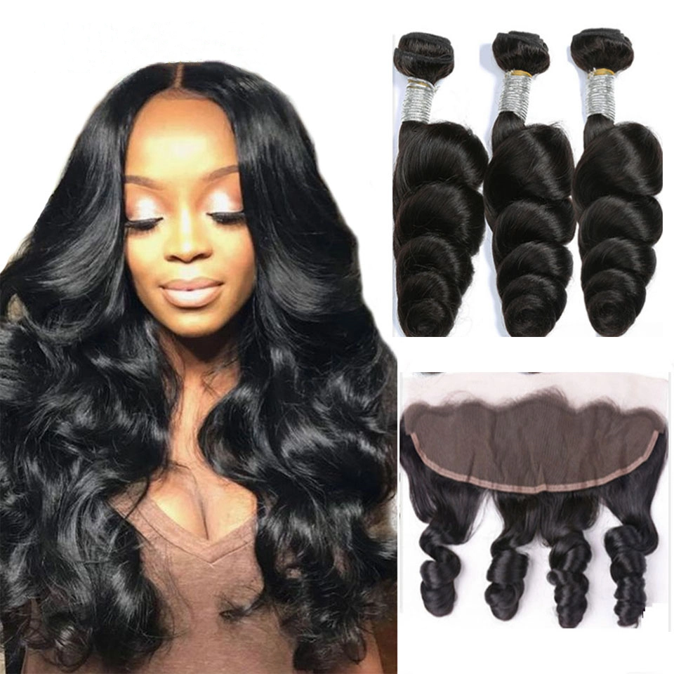 Brazilian Loose Wave Bundles with 13X4 Lace Frontal Natural Color Hair Extension for Black Women Remy Human Hair 3 Bundles with Closure Frontal